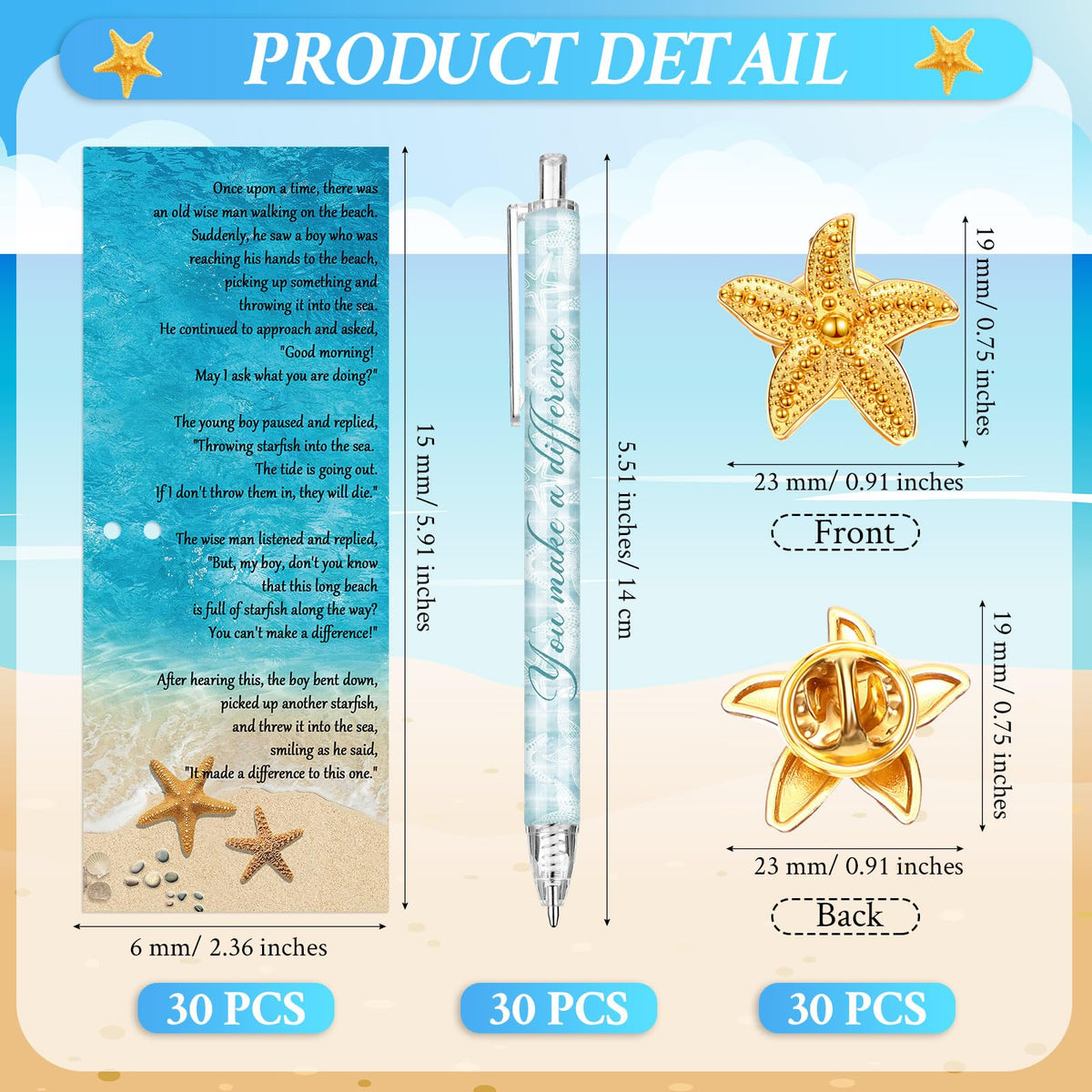 Sayglossy 30 Sets Starfish Story Gifts You Make a Difference Pens Starfish Lapel Pins with Inspirational Story Cards Bulk for Volunteer Teacher Employee Coworker Staff Appreciation