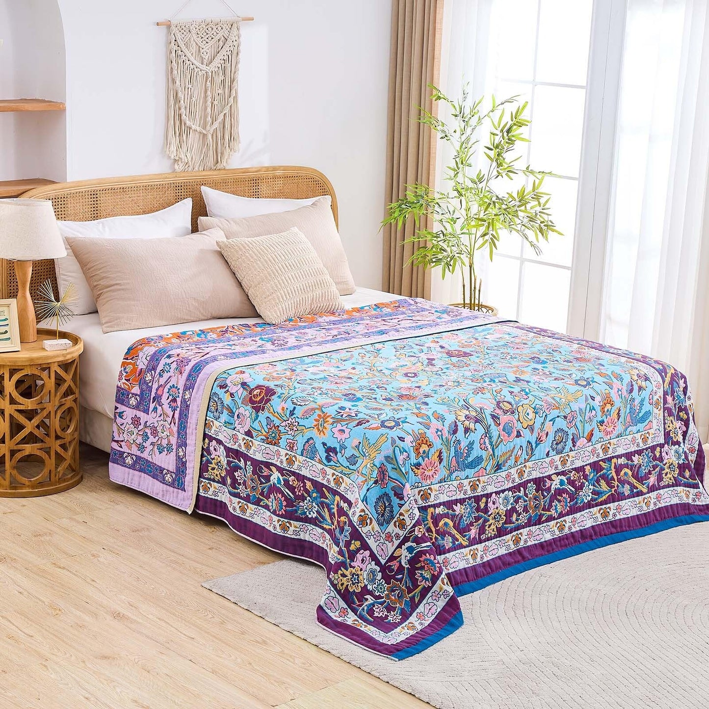 XIBLC Fall Blanket for Bed, 100% Cotton Soft Rustic Boho Throw Blanket Quilt, 60"x80" Farmhouse Decor Bed Flower Blankets, Light Weight Reversible Bohemian Throw Quilt