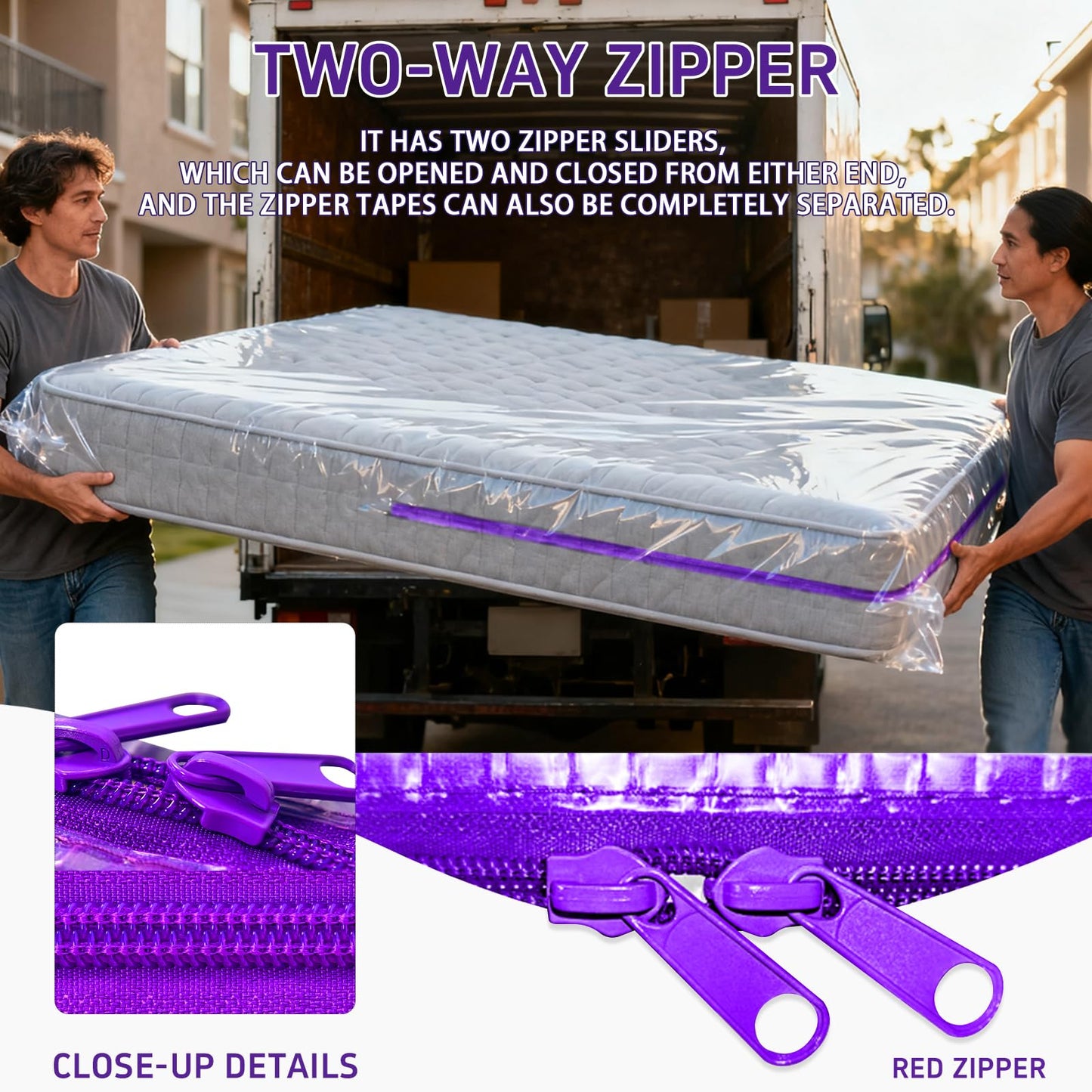 Gooo&Ma 6Mil Heavy Duty Mattress Bag for Moving & Storage - Waterproof Zippered Mattress Cover, Tear-Proof Dust-Proof Reusable Plastic Encasement, Fits Up to 14 Inch Mattress（Full、Purple）