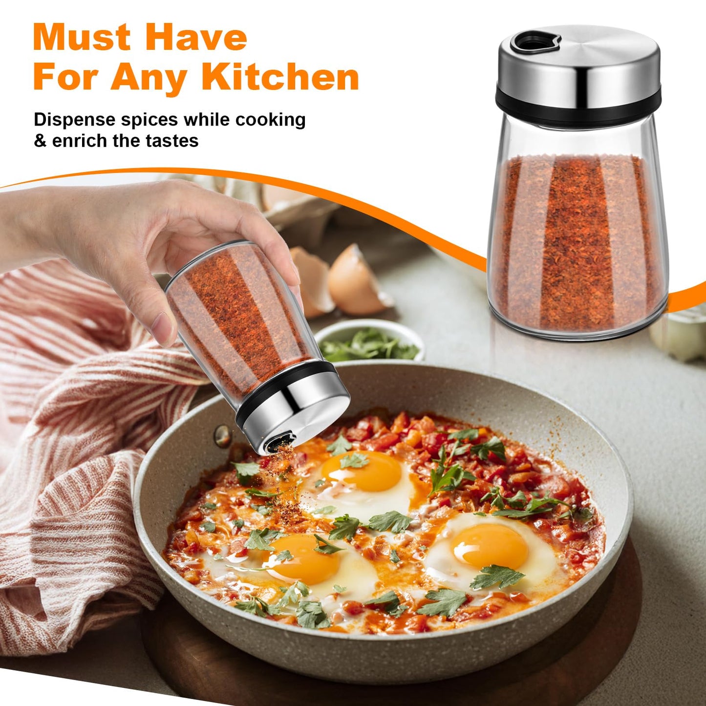 6 Pcs Salt Pepper Shakers Set with Adjustable Pour Holes Stainless Steel Spice Dispenser 6oz Clear Glass Seasoning Containers for Kitchen Restaurant Home BBQ Camping Farmhouse Accessories ﻿