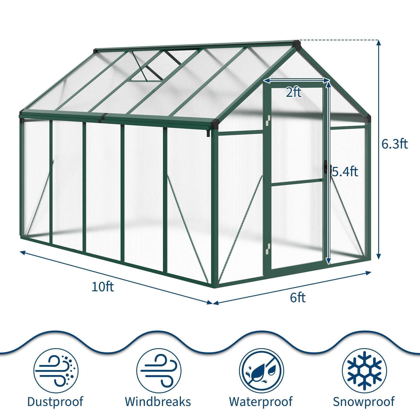 6X10 FT Greenhouse for Outdoors, Polycarbonate Greenhouse with Roof Vent, Ground Nails, Lockable Push Door, Aluminum Large Walk-in Green House for Outside Garden Backyard, Patio, Lawn, Green