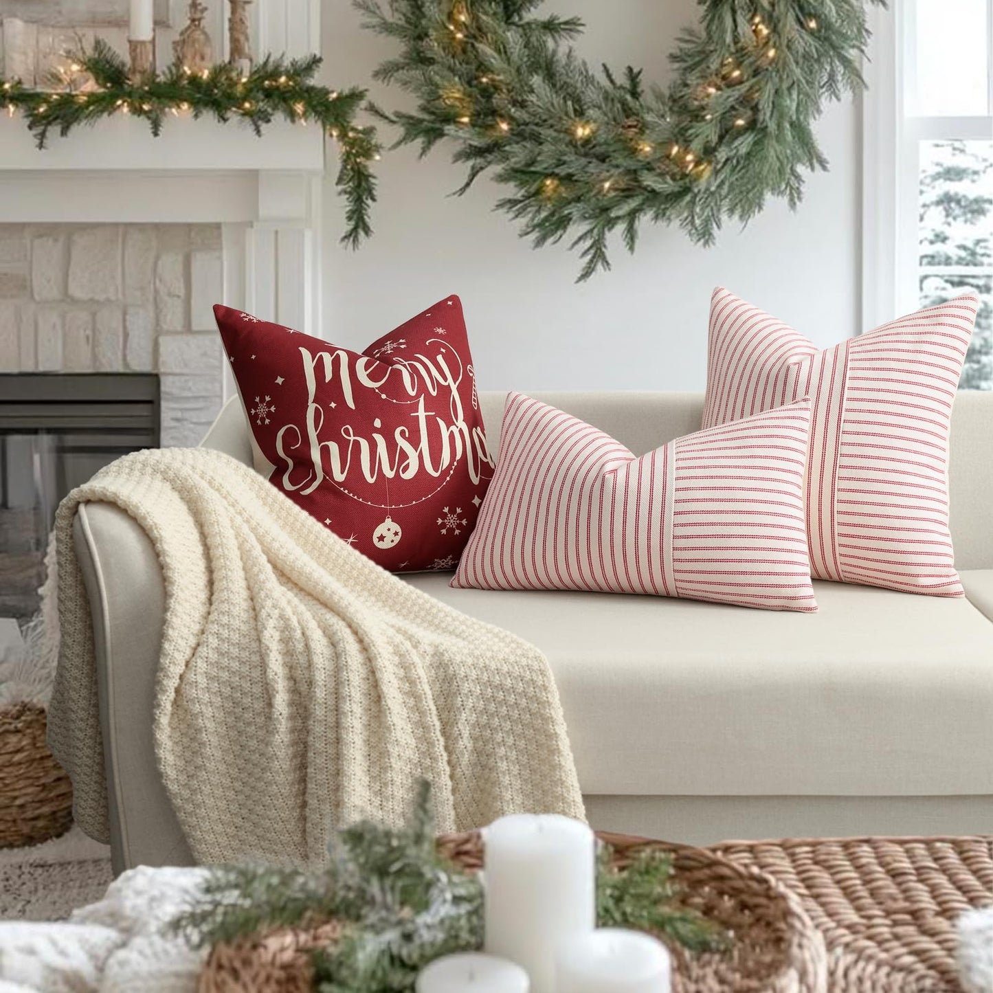 YCOLL Christmas Pillow Covers 18x18, Boho Throw Pillow Covers Set of 2, Red and Cream Striped Linen Decorative Pillows Cushion Covers for Couch Bedroom Christmas Decorations
