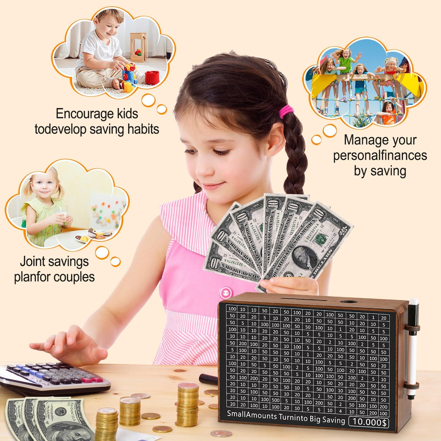 Wooden Money Saving Box for Kids & Adults - Reusable $10,000 Savings Challenge Box with Progress Tracker & Cash Vault, Educational Piggy Bank Gift for Boys Girls 3-12 (7 Amounts, Wood)