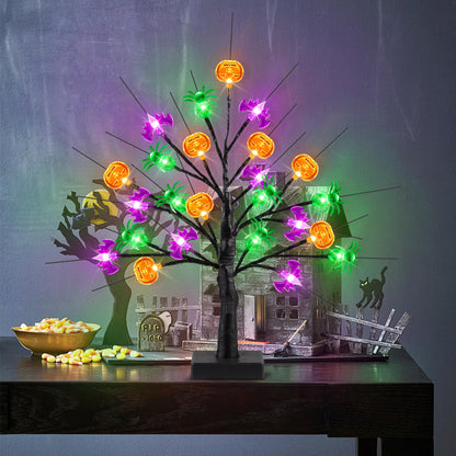 [Timer] Halloween Decor 18 Inch Black Halloween Tree with 24 LED Pumpkin Bat Spider Light, USB/Battery Operated Lighted Birch Tree Spooky Halloween Table Decorations Indoor Outdoor for Home Room Party