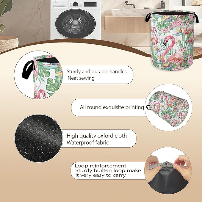 Watercolor Flamingo Laundry Hamper, Tropical Flower Leaves Clothes Hamper