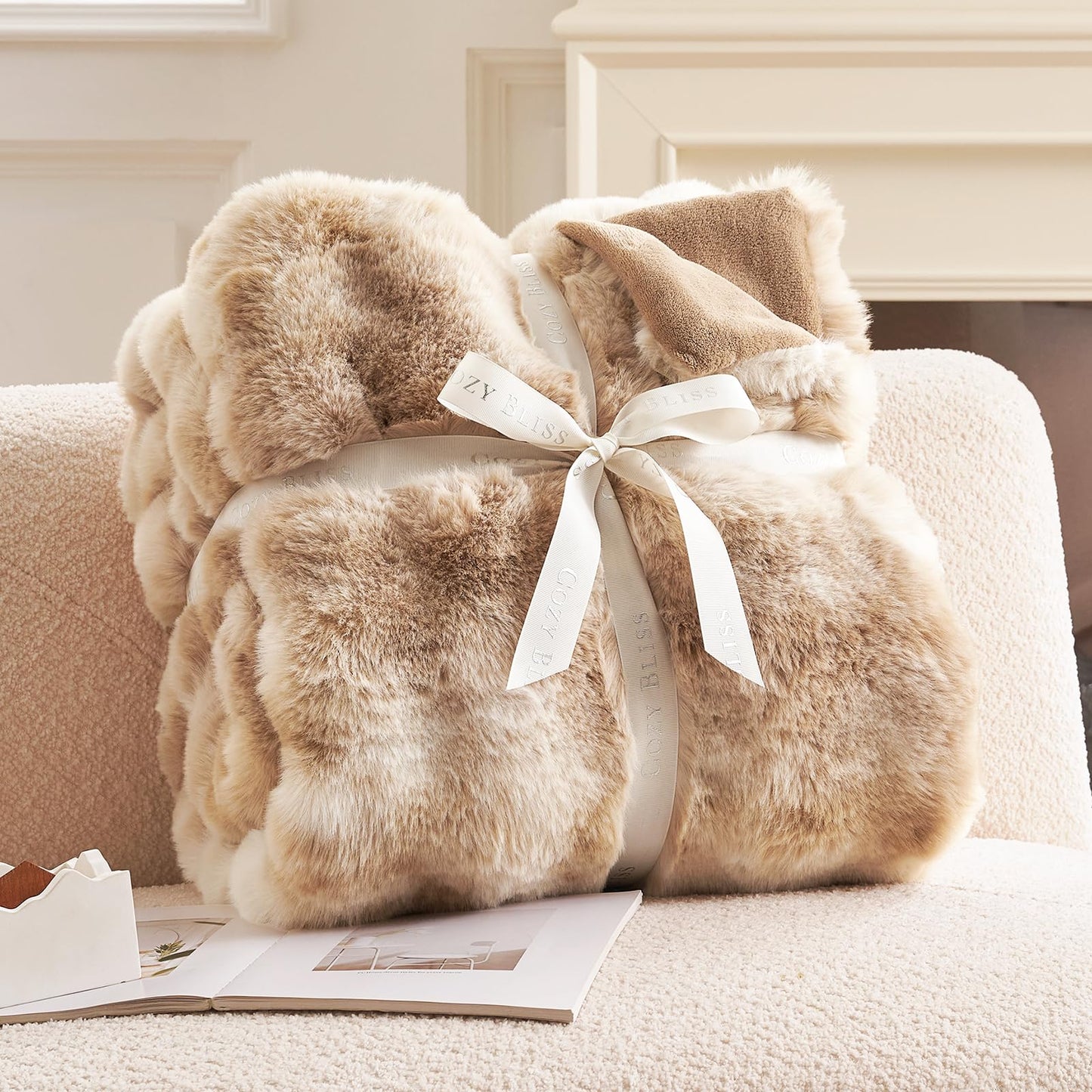 Cozy Bliss Faux Fur Throw Blanket for Couch, Fuzzy Soft Plush Thick Bubble Blanket for Sofa Bedroom Living Room, 50 * 60 Inches Tie-dye Beige