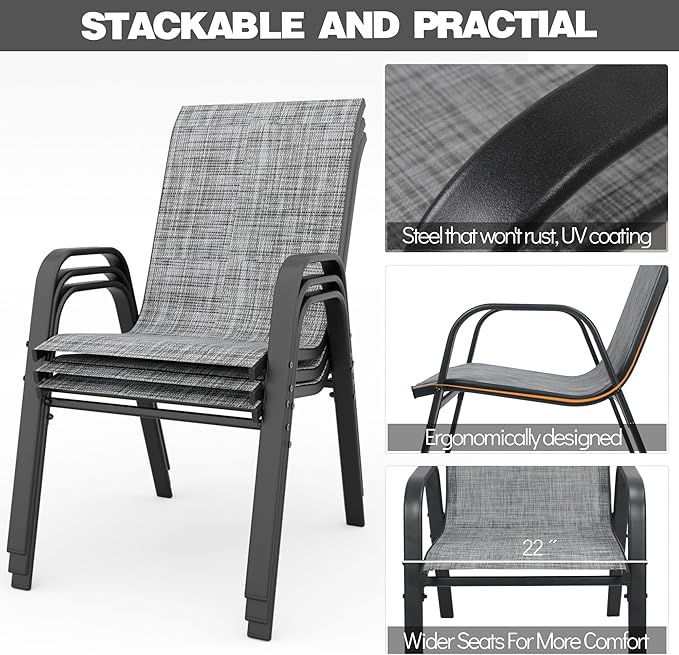 Patio Chairs, Stackable Outdoor Dining Chairs for All Weather Textilene Fabric & Metal Frame, Outdoor Chairs Set for Backyard Deck Garden (Dark Blue, Set of 4)