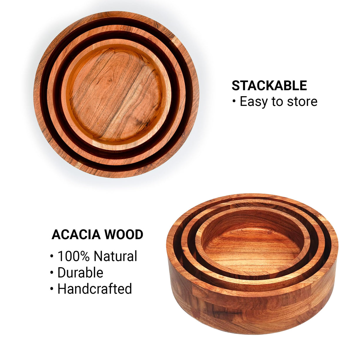 Wooden Acacia Round Bowl Set of 3 (12″,10″,8″), Wooden Salad Bowls-Multi-Purpose, Kitchen, Dining, Serving Food, Salads, Fruits - Handmade, Decorative, Rustic, Eco-Friendly, Food-Safe, Wood Serveware