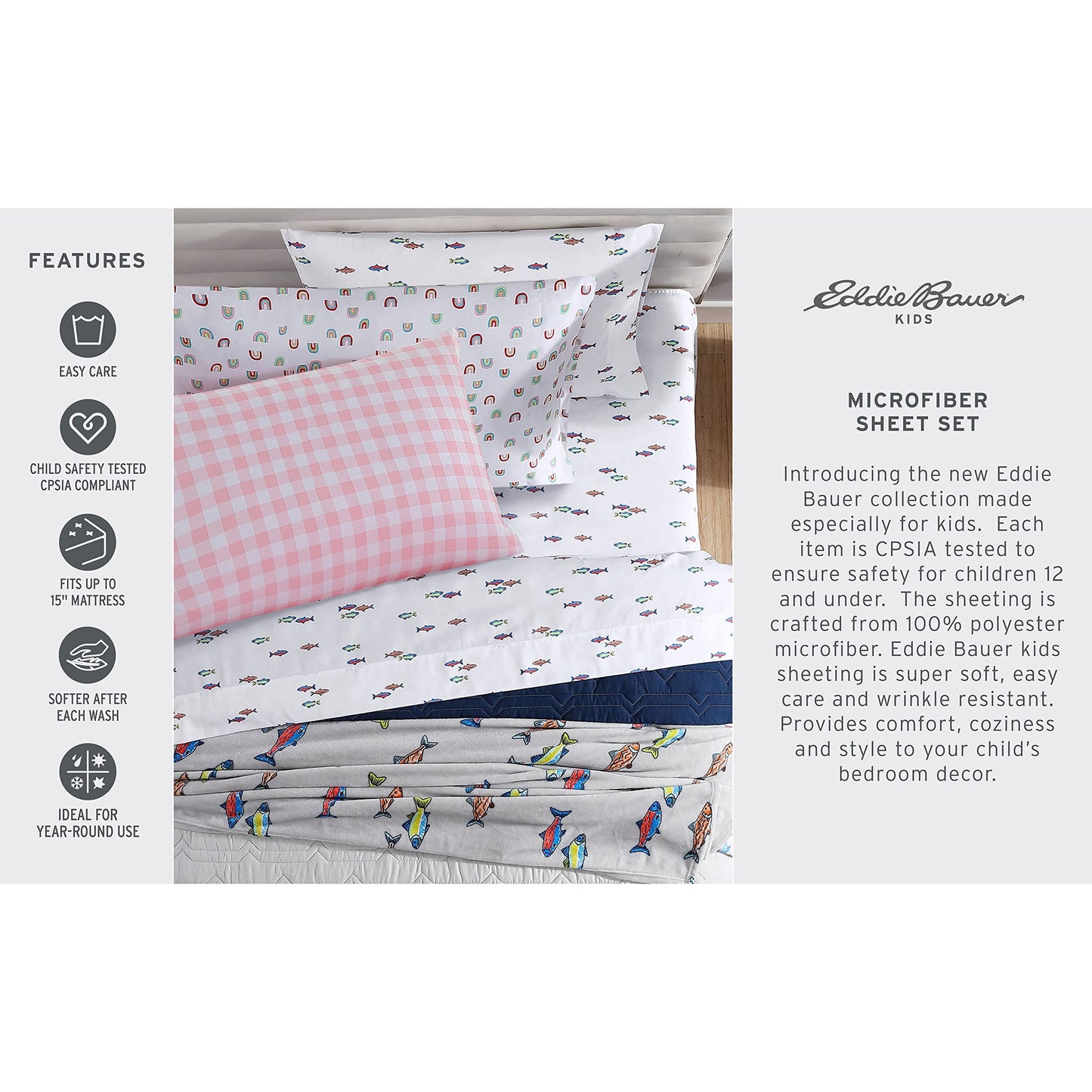Eddie Bauer Kids - Full Sheet Set, Ultra-Soft Microfiber Bedding with Fully Elastic Fitted Sheet, Kids Bed Set with Pillowcases, Easy Care Bedding (Dreamland)