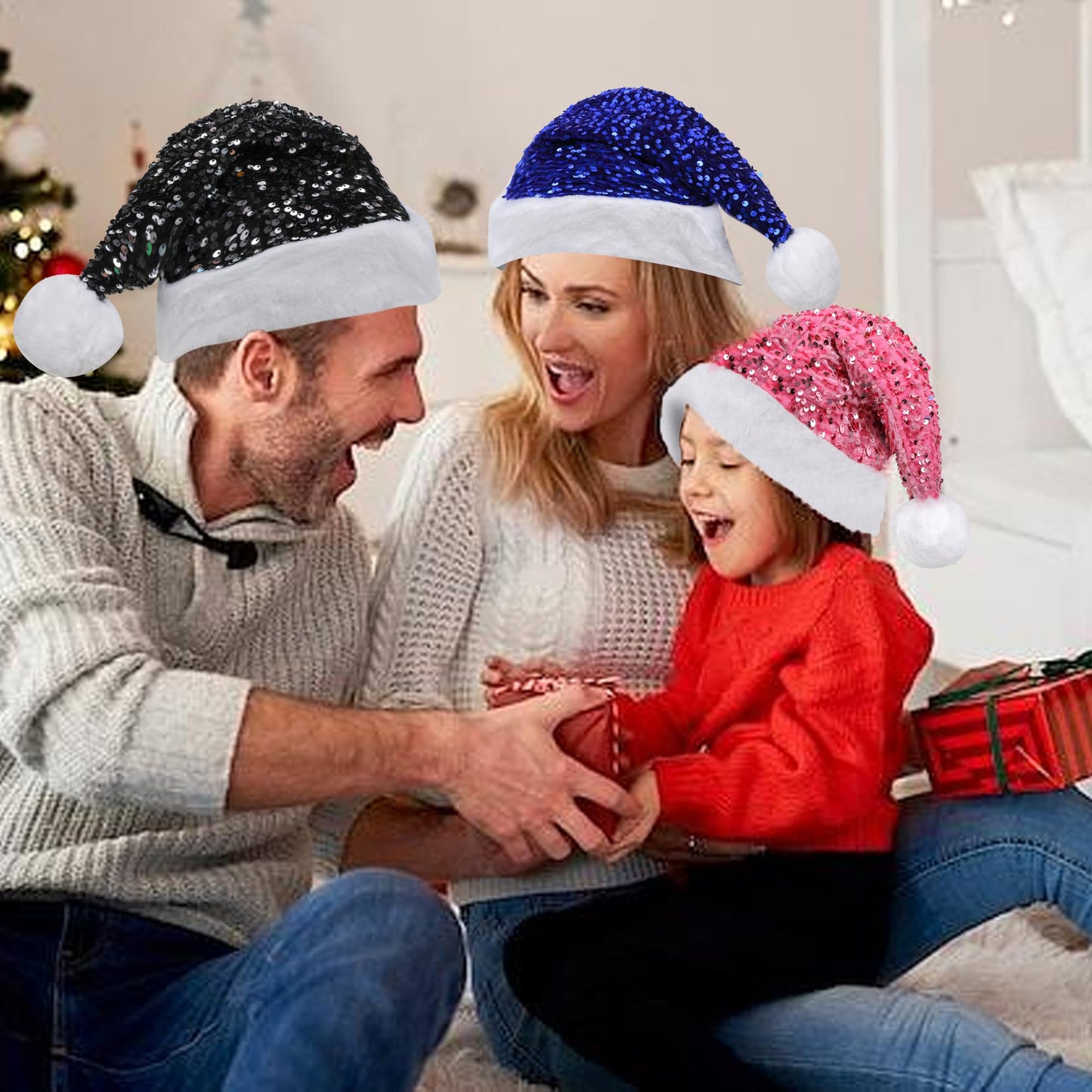Chisander Sequin Santa Hat, Unisex Santa Hat for Adults with Shiny Sequin and Fluffy Pompom, Party Hat for New Year Xmas Festival (Red)