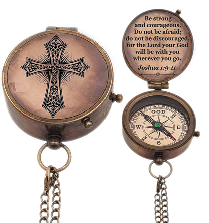 Baptism Gift Personalized Keepsake Compass Engraved Cross and Be Strong and Courageous, Confirmation Gift Ideas, Gift of Faith. Missionary (Antique with Wooden Box)