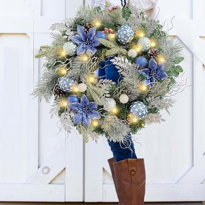 WANNA-CUL Pre-Lit 24 Inch Christmas Wreath for Front Door Silver Blue Lighted Christmas Door Wreath Decoration with Ball Ornaments, Poinsettia Flowers,Pine Cones, Battery Operated 30 LED Lights