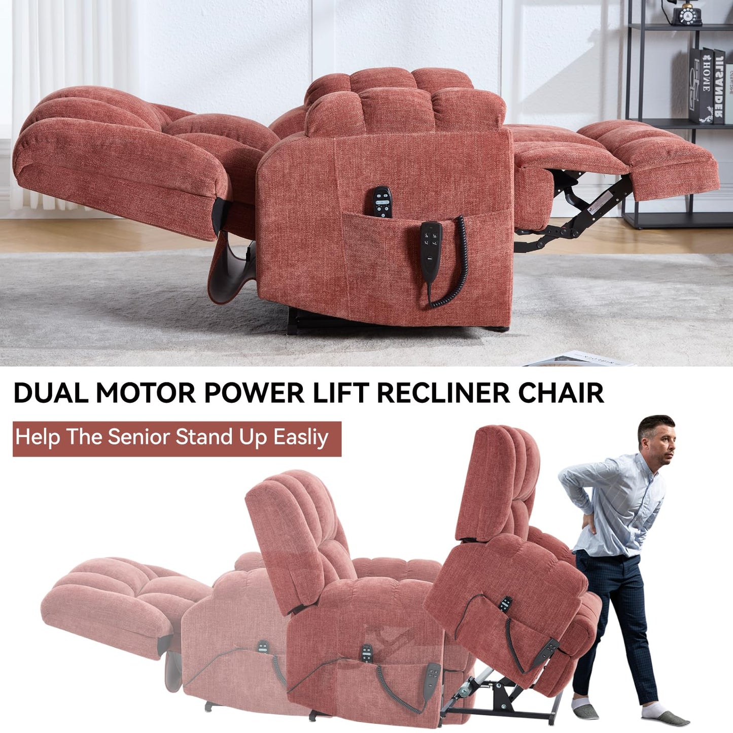 GDFStudio Dual Motor Power Lift Recliner Chair with Massage and Lumbar Heat, Heavy Duty Electric Reclining Chair with Remote Control, Supports Up to 350 LBS, Red