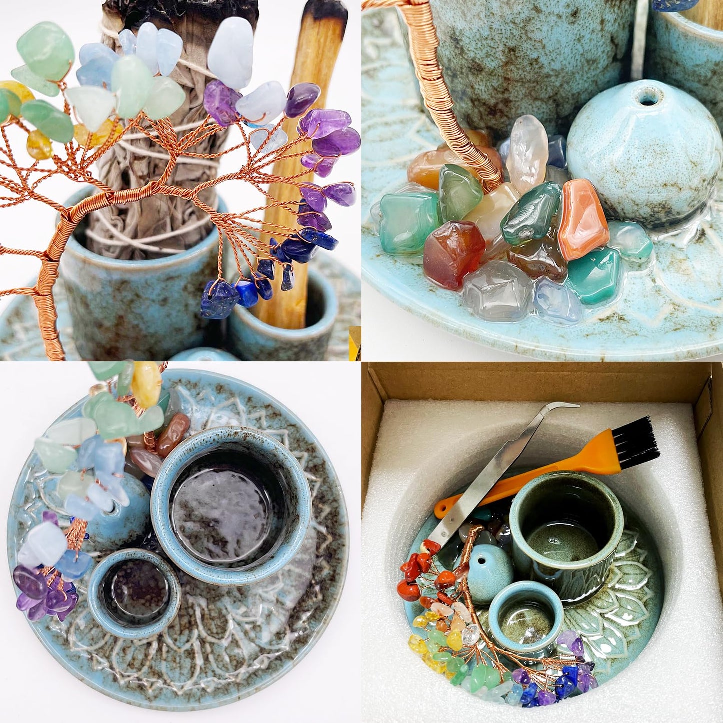 5 in 1 Incense Burner Holder with Crystal Healing Tree, Palo Santo Holder, Sage Holder, Incense Holder for Sticks/Cones/Candles, Ceramic Tray Ash Catcher for Burning Incense, Meditation Gift