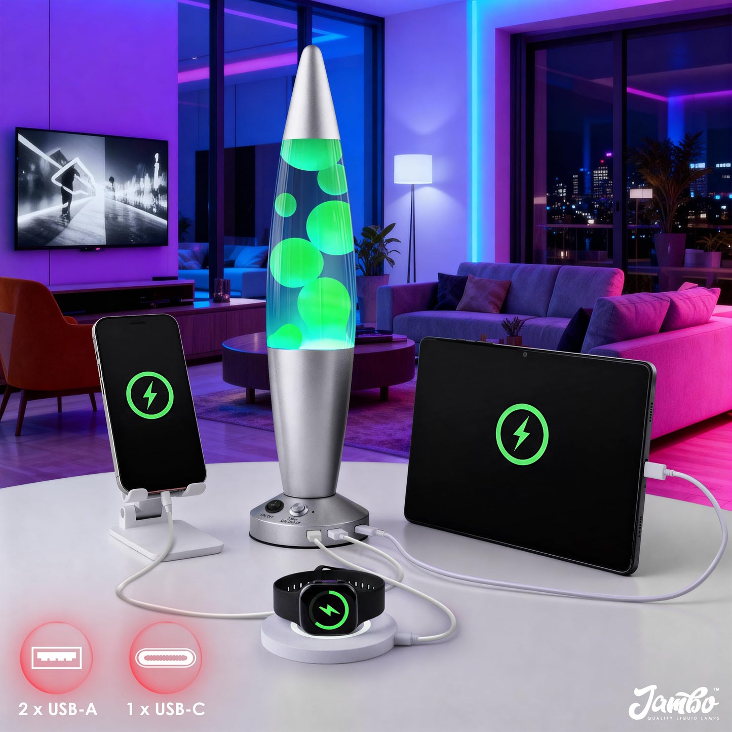 JAMBO 16-Inch Beautiful Lamp with Wax, Relaxing Night Light Home Decor, Extra Tall, Living Room Office Bedroom Lamp for Adults, Teens, Kids (USB, Auto Shut Off, Silver Base, Blue Liquid, Yellow Wax)