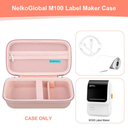 RAIALL Carrying Case for NelkoGlobal M100 Label Maker, NelkoGlobal M100 Inkless Thermal Bluetooth Label Printer Bag, Handheld Barcode Labeler Storage Holder, Pocket Fits Label Paper, Rose Gold