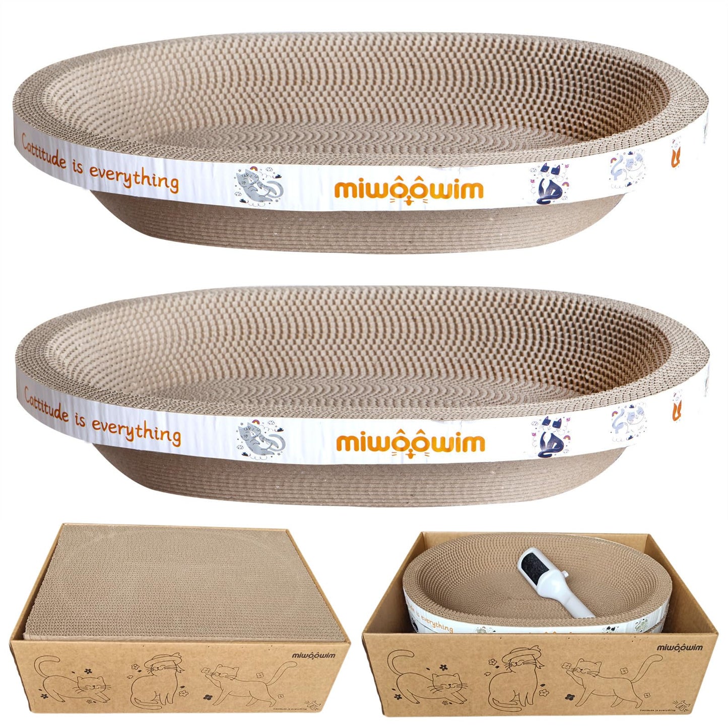 Miwoowim 4PCS 2 Cat Scratcher Bowl +1 Corrugated Scratch Pad with Box+ 1 Brush,Oval Shape Cat Scratcher Cardboard Bed, Scratching Lounge Bed, Cute Round Scratcher