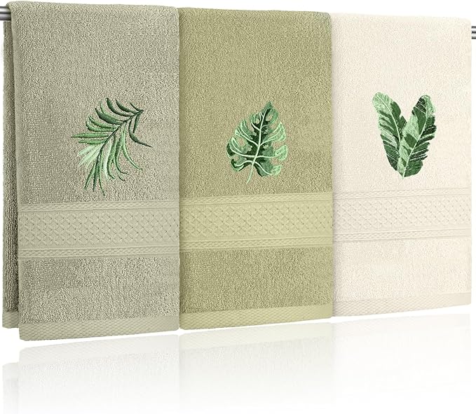 3 Pcs Sage Green Hand Towels Tropical Bathroom Decor Farmhouse Embroidered Sage