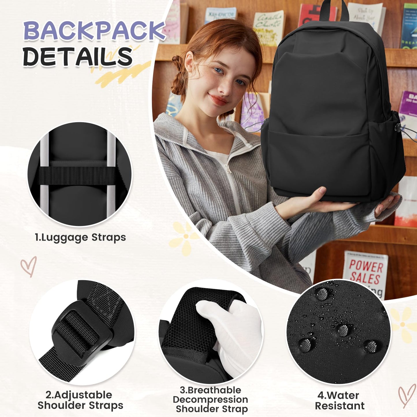 HYC00 School Backpack Womens Causal Travel School Bag for Teenage Girls Boys Secondary Backpack Lightweight 14 Inch Laptop Rucksack Bag for Women Casual Daypack Bookbag for Daily College Work, Black