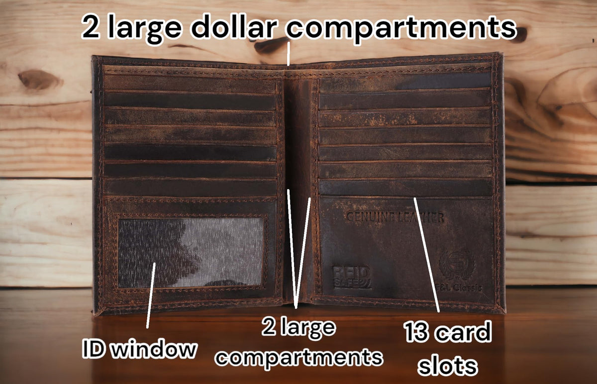 F&L CLASSIC RFID Blocking Mens Leather Bi-Fold Big Hipster Wallet, 13 credit card slots,buffalo vintage brown