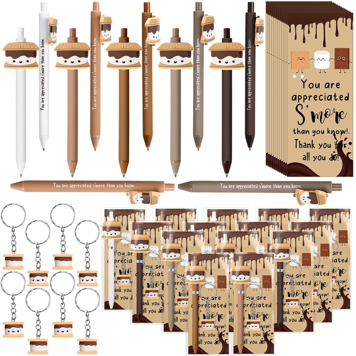 Sayglossy 75 Set Office Inspirational Gifts Bulk S'More Gifts Pens Sets Motivational Marshmallow Ballpoint Pens Keychain Bookmark Appreciation Gift for Teacher Team Employee Staff Coworker