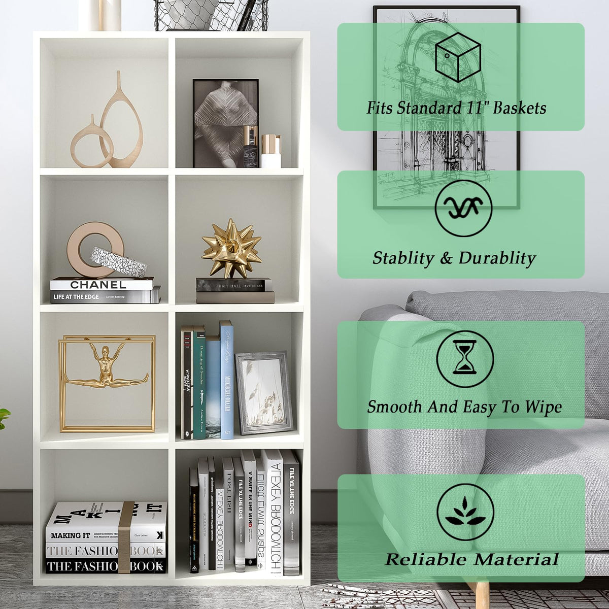 OSCHF 8-Cube Storage Shelf Bookcase - Wooden 4-Tier Floor Standing Open Bookshelf, Modern TV Stand up to 55 Inchs for Home and Office, Warm White