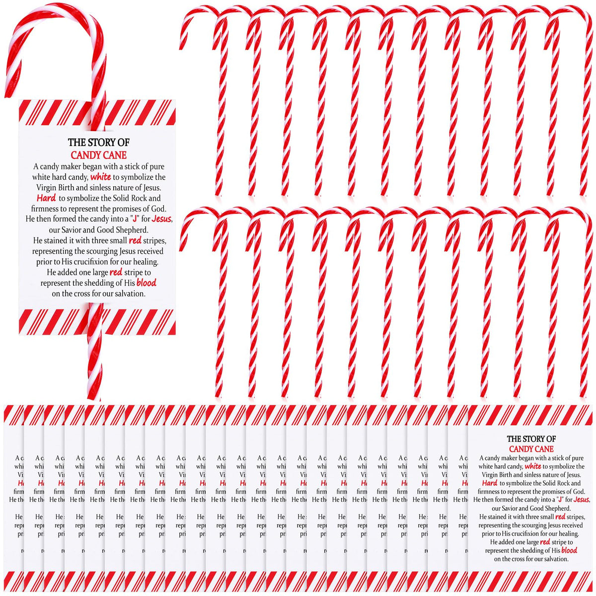 Cinnvoice 24 Sets Christmas Candy Cane Ornament and Candy Cane Meaning Story Cards Plastic Christmas Tree Hanging Ornaments Twisted Red and White Tree Decoration for Xmas Party Supplies