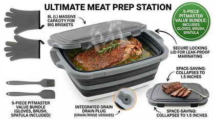 Collapsible BBQ Prep Tub with Lid & Cutting Board 8L - Meat Marinating Basin & Grill Carry System - 5pc Set with Heat Resistant Gloves, Basting Brush & Spatula(Black, Large, 8L)