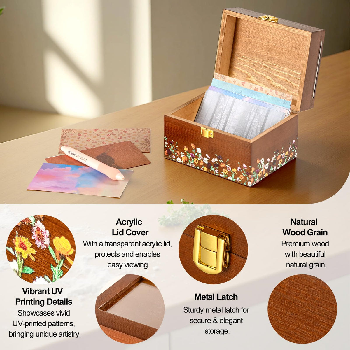 SMAILLBUDDHA Valentine's Day Gifts for her, 3 * 5 Solid Wood Index Card Organizer Friendship Bracelet Box with Transparent Acrylic Top Cover Gift for Christmas & New Year Comes with 100 Guide Cards