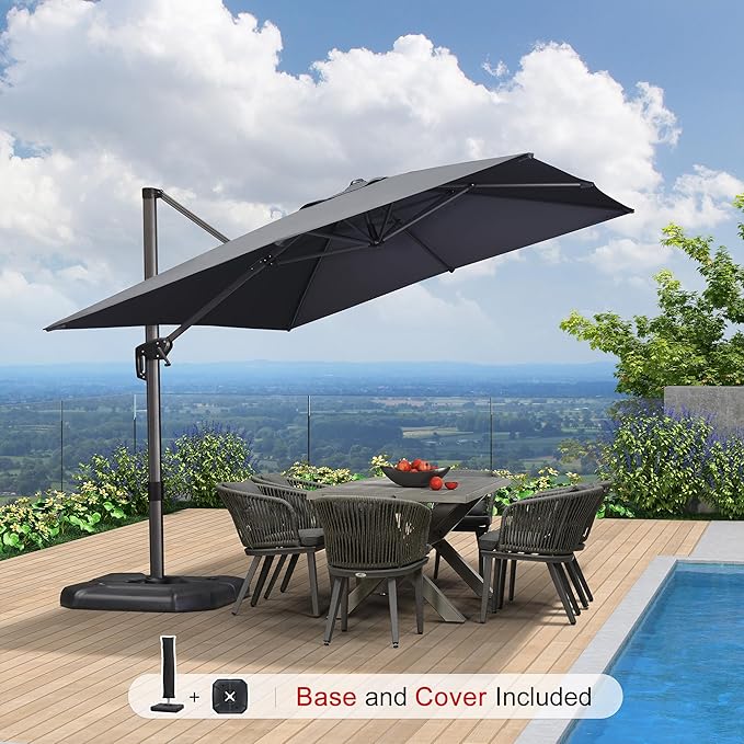 PURPLE LEAF 9'×11.5' Cantilever Patio Umbrella with Base Rectangle Offset Outdoor Umbrella Cover with Zipper for Garden Deck Pool Grey