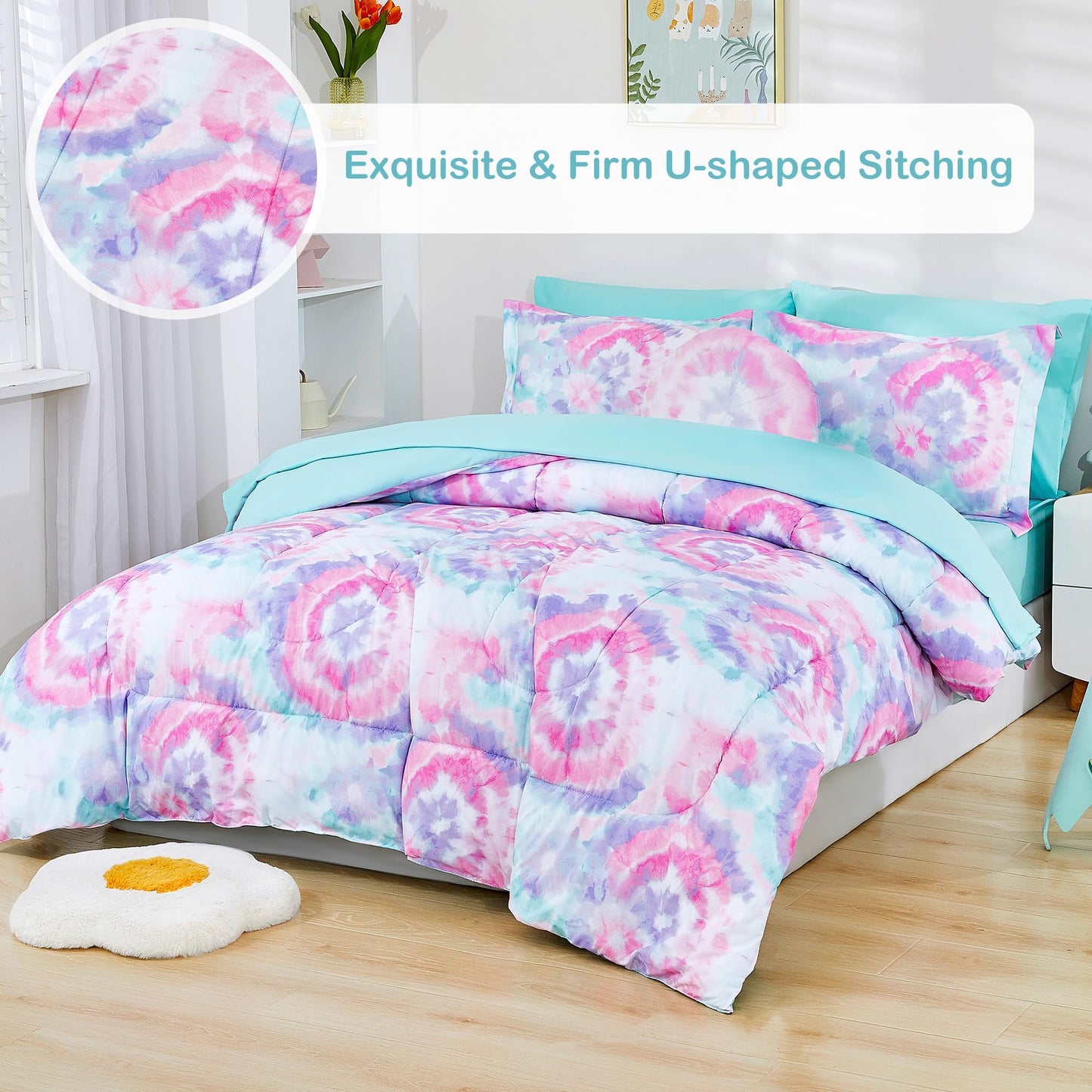 Mooreeke Tie Dye Kids Comforter Bed Set Twin Size for Girls, 6 Pieces Bed in a Bag with Shams, Sheet Set, A Toy Pillow Dark Pink Round Flower Twin Soft Microfiber Kids Comforter Bedding Set