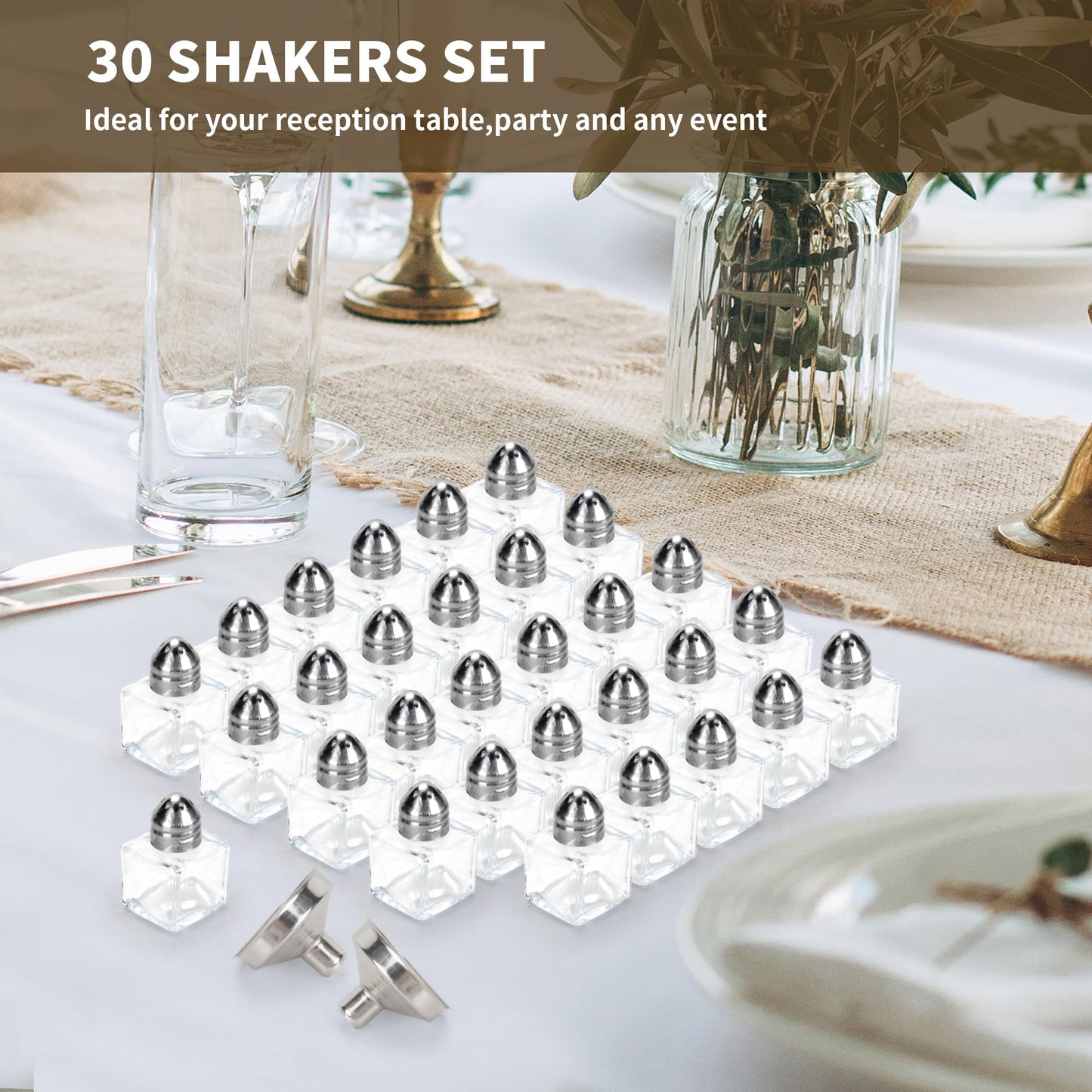 Axigundaone 30 Pcs Mini Salt and Pepper Shakers, 0.5 Oz Small Glass Cube Pepper Shaker with two funnels, Mini Glass Salt Shaker for Household Kitchen