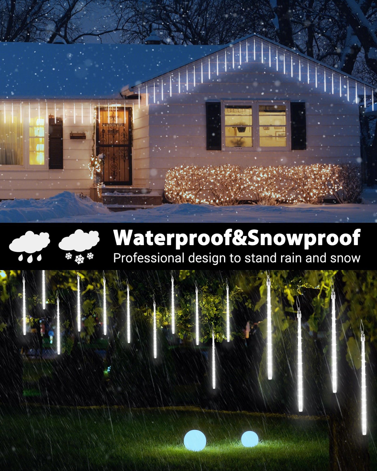 iBaycon 20 Tubes 480 LED Meteor Shower Rain Lights, 11.8 inches Cascading Icicle Lights Waterproof Outdoor, Connectable Falling Raindrop Lights with Timer for Holiday Party Christmas Decorations