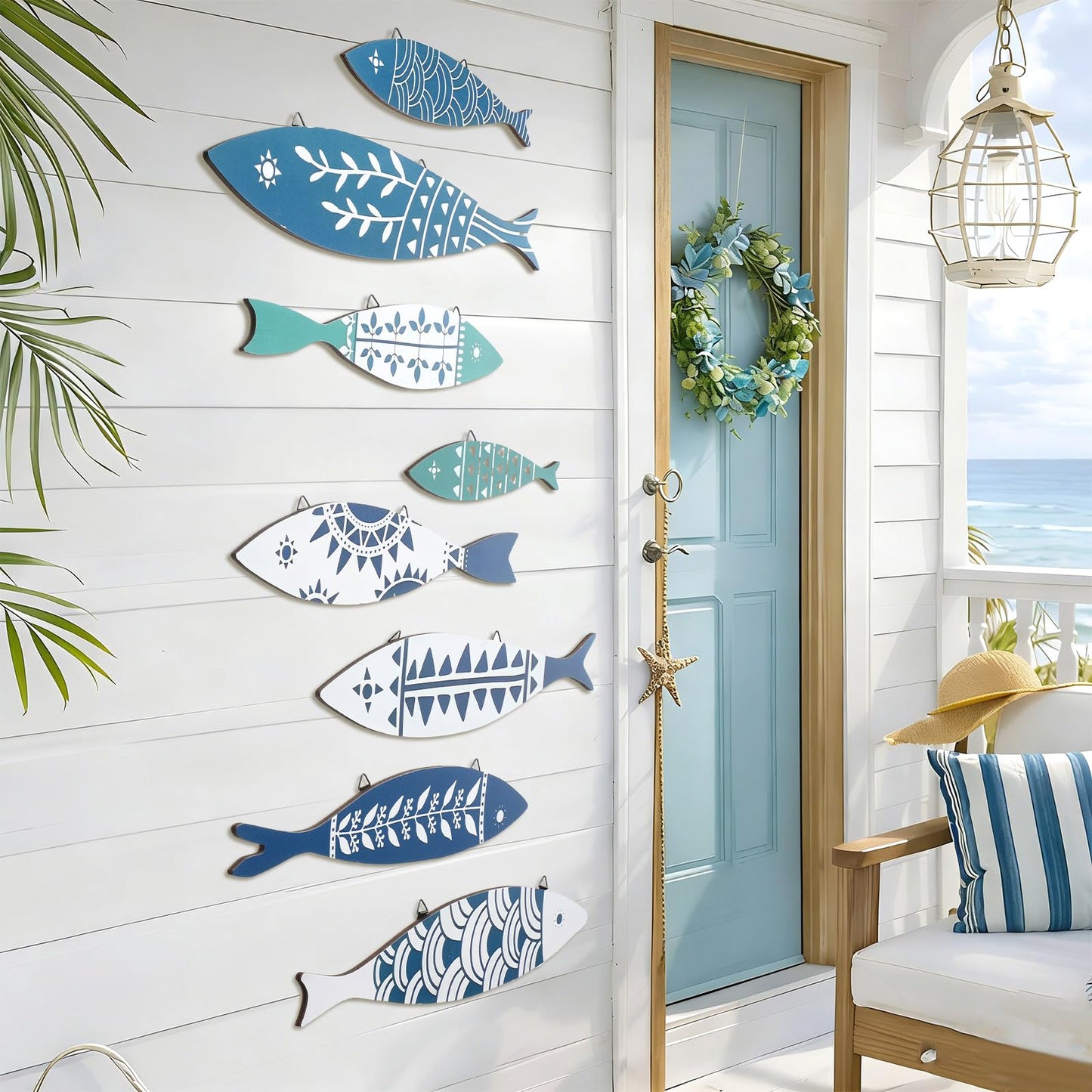 Novabright 8 Pcs Wooden Fish Wall Decor Nautical Oceans Beach Decor Fish Hanging Wall Art Ocean Coastal Rustic Farmhouse Theme for Home Ocean Lake House Bathroom Bedroom