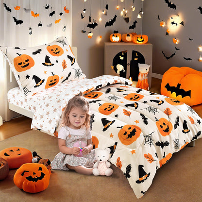 PHF 4 Piece Toddler Bedding Set, Ultra Soft Toddler Comforter Sets Include Comforter, Fitted Sheet, Flat Top Sheet and Pillowcase for Girls, Halloween Bed in A Bag for Baby Bedroom, Pumpkin