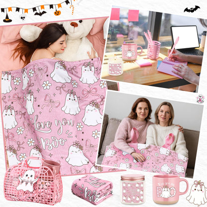 Roshtia 1 Set 7pcs Valentines You're My Boo Basket Gifts for Girlfriend You're My Boo Pink Ghost Handbag Throw Blanket Coffee Mug Candle Jar Spiral Journal Pen Card(Halloween)