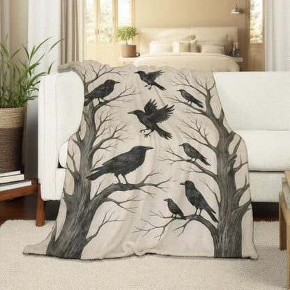Gothic Crow Raven Blanket, Flannel Blankets Gifts for Boys Girls Adults, Warm Cozy Soft Fuzzy Throw for Couch, Bed, Room Decor 50x60 in