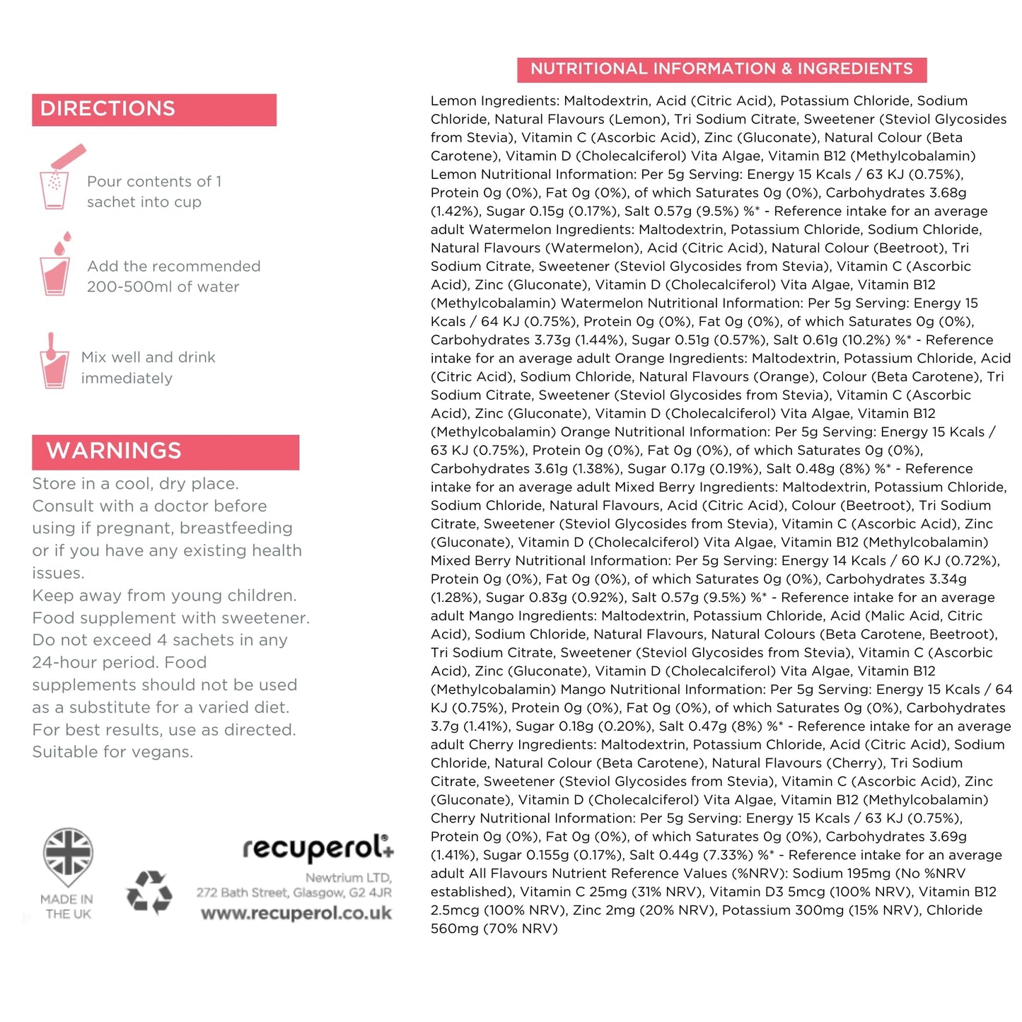 Recuperol Rehydration & Recovery Electrolytes Powder Drink Mix, Variety 30 Pack, High Electrolyte Content│Sugar Free, Vegan, Zinc, Vitamin C, B12, D3, Potassium - 6 Natural Flavours