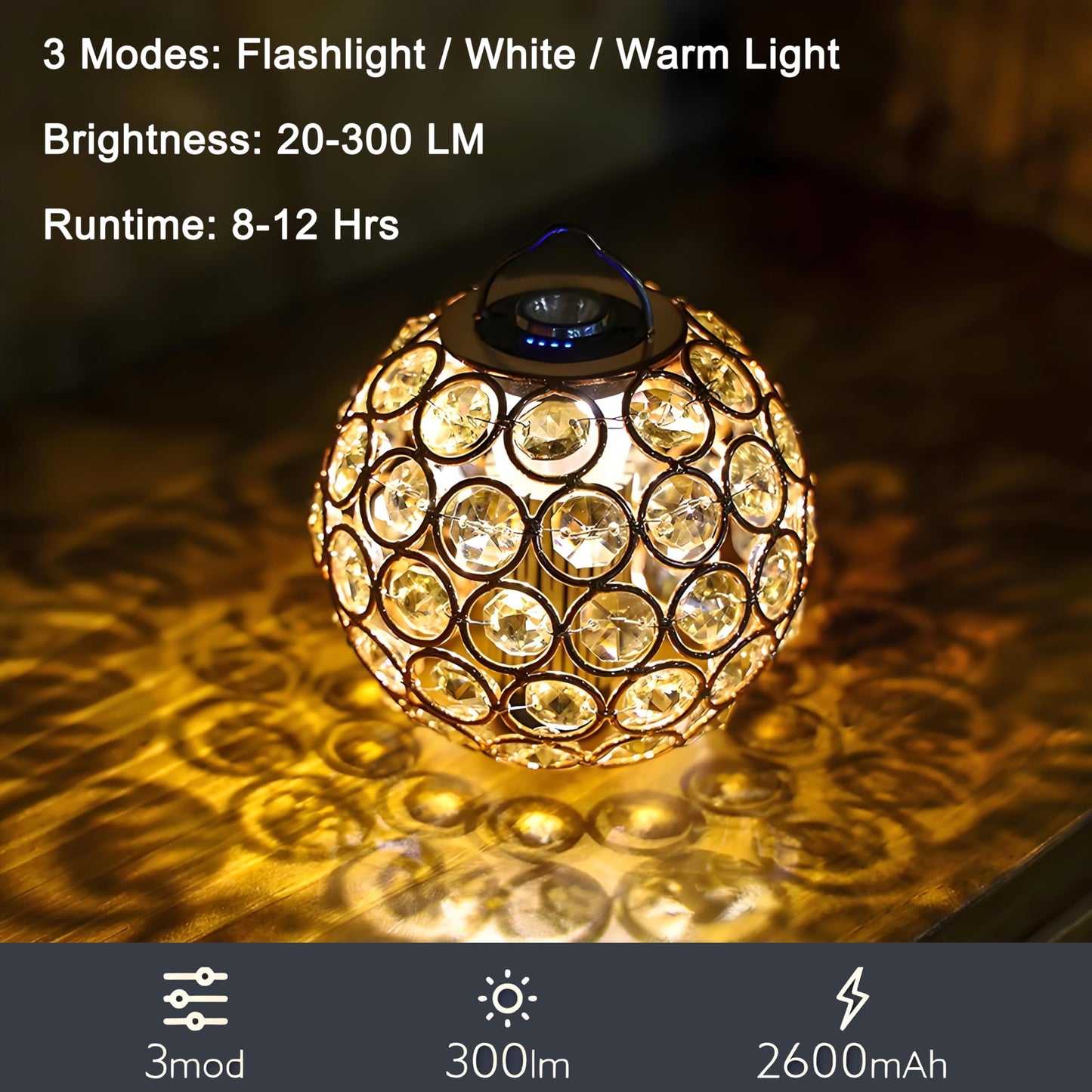 Crystal Orb Camping Light with Etched Glass - 300LM Romantic Projection Light, 3-in-1 Portable Lantern for Desk, Floor & Hanging, Rechargeable, Warm White Light, IPX4, Ideal for Bedroom, Camping Gifts