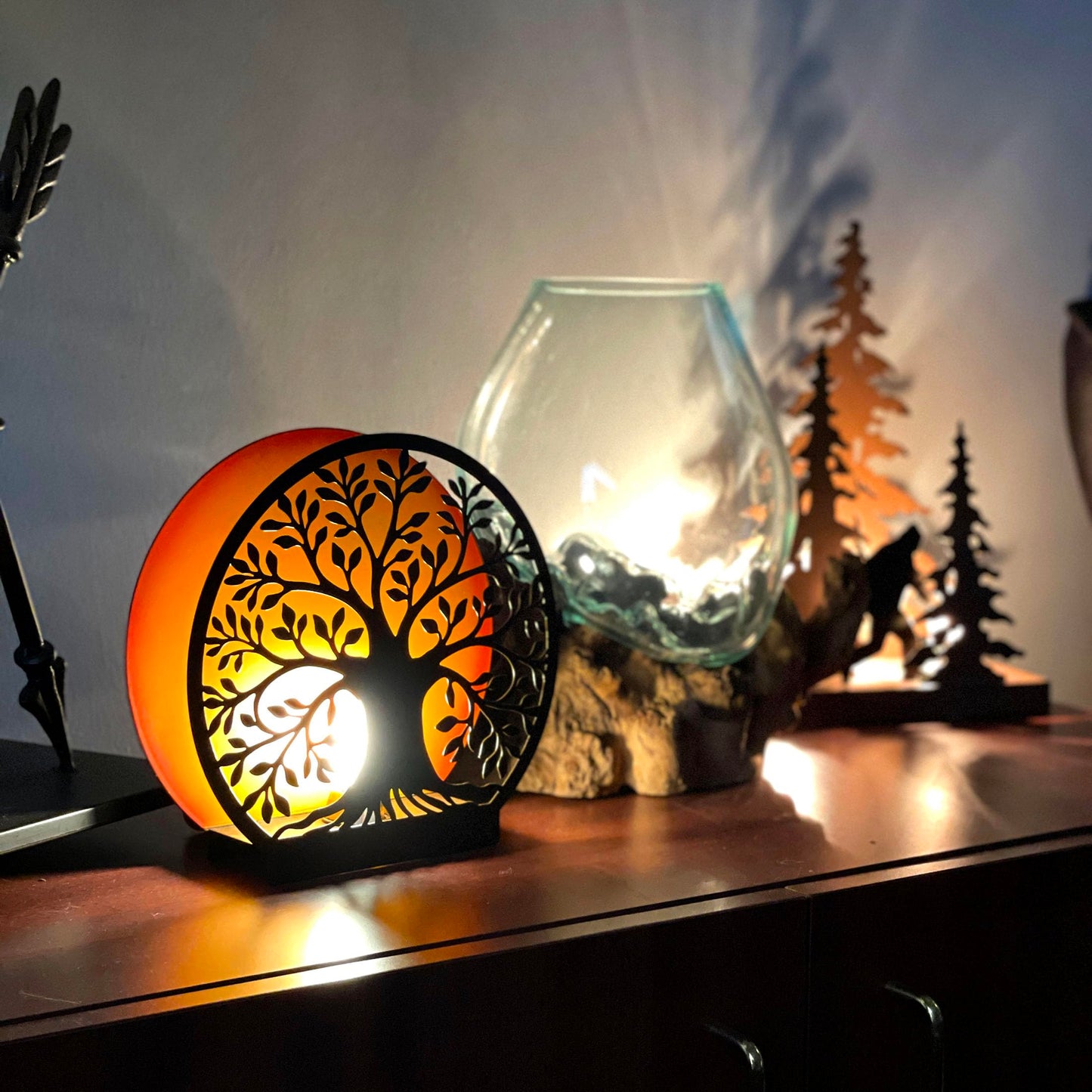 Zeckos Tree of Life Accent Lamp - 8” Decorative Metal Plug-in Table Light, Black Nature Silhouette with Warm Amber Backlight, Nightstand Desk Lighting, Cozy Home Décor Gift, Bulb Included
