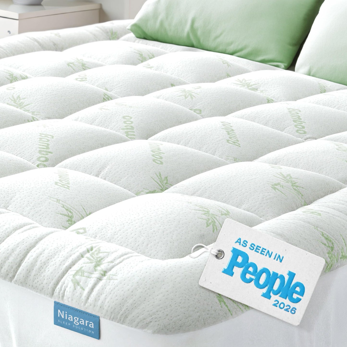 Niagara Sleep Solution Ultra Soft Full Size Mattress Topper - Rayon Derived from Bamboo Pillow Top Mattress Pad for Back Pain Relief - Naturally Cooling for Hot Sleepers, Green