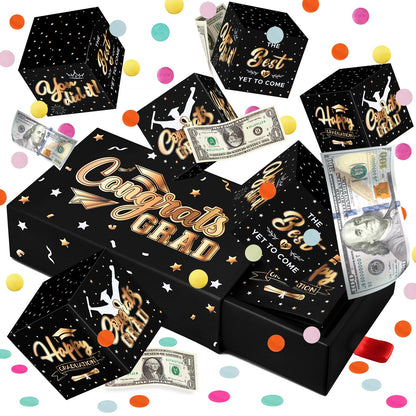 WenmthG 2026 Graduation Surprise Gift Box Explosion for Money - 10 Pcs Grad Pop Out Folding Bounce Money Gift Box with Confetti - Cash Gift Idea for Grad - Graduation Money Bank Party Supply (Black Gold)