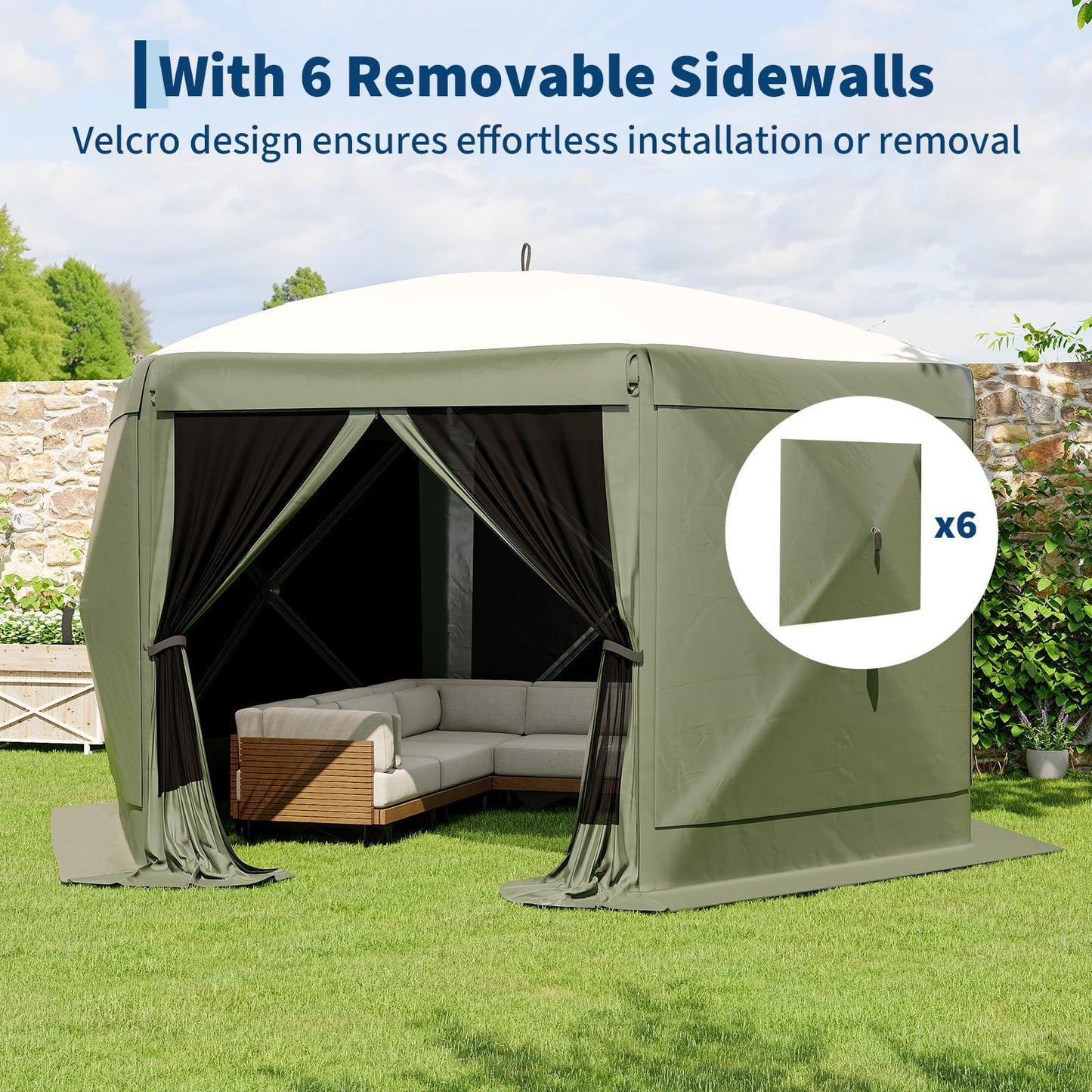 MilleLoom 11.5x11.5FT 6-Sided Gazebo Tent, One-Push Setup Canopy with Mesh Panels & Removable Wind Cloths, Outdoor Shelter for Backyard Parties Camping Events, Army Green