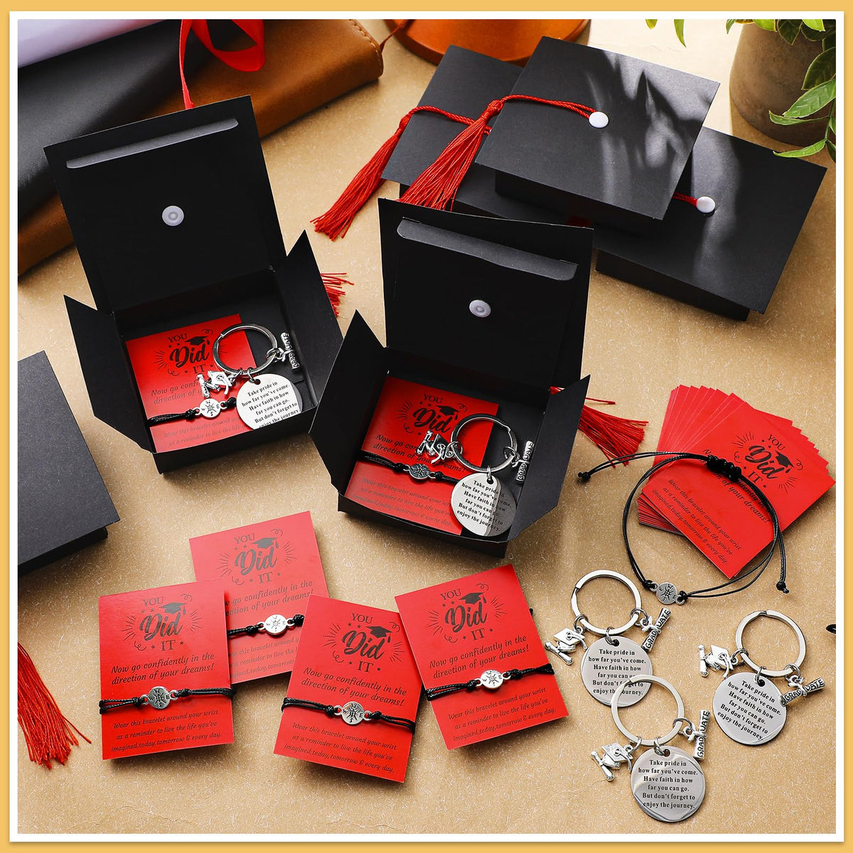 Ecation 24 Sets 2026 Graduation Gifts Unisex Bracelets Comes in Cap Shaped Box with Quote Card Keychain for Class of 2026(Retro Style)