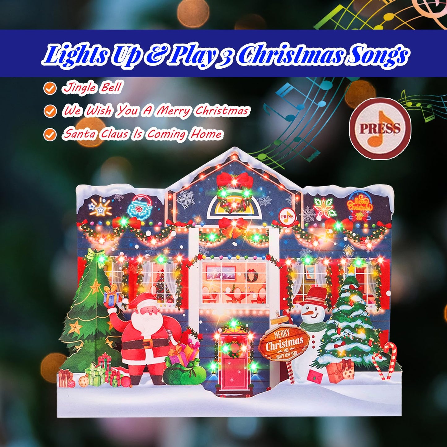 MZD8391 3D Pop Up Christmas Cards with Music and Lights, Animated Christmas Gift Card, Playing 3 Songs with 3 Matching Lights Blinking Modes (Envelope Included)