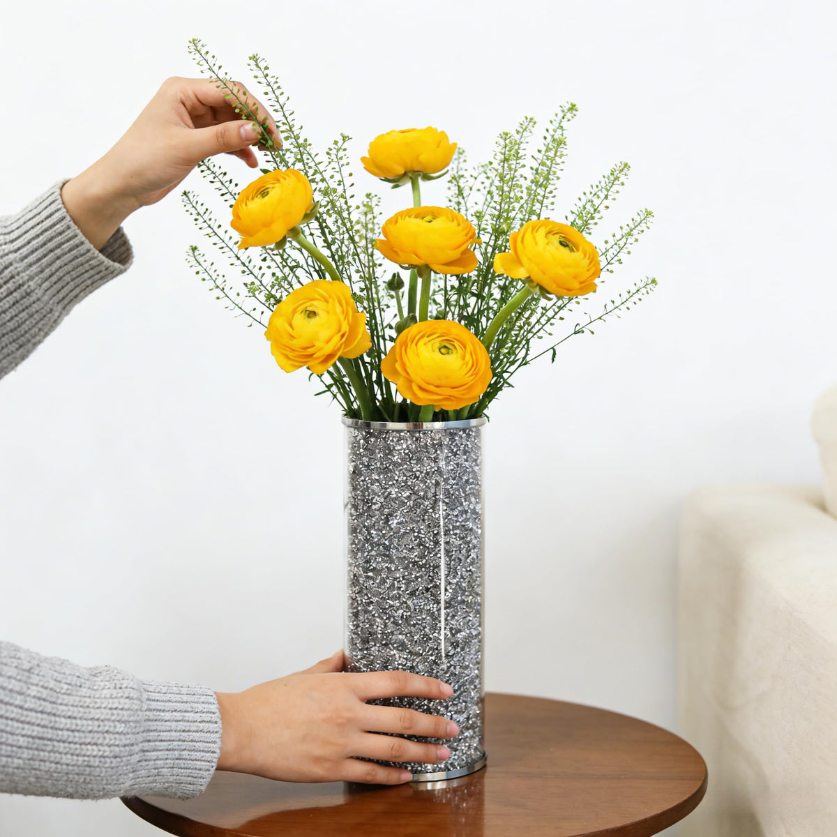 Silver Crystal Flower Vase, 10" Large Crushed Diamond Vase, Shiny Round Modern Luxury Decorative Glass Vases for Home Decor, Dining Table, Bathroom, Bedroom, Sofa Table, Wedding