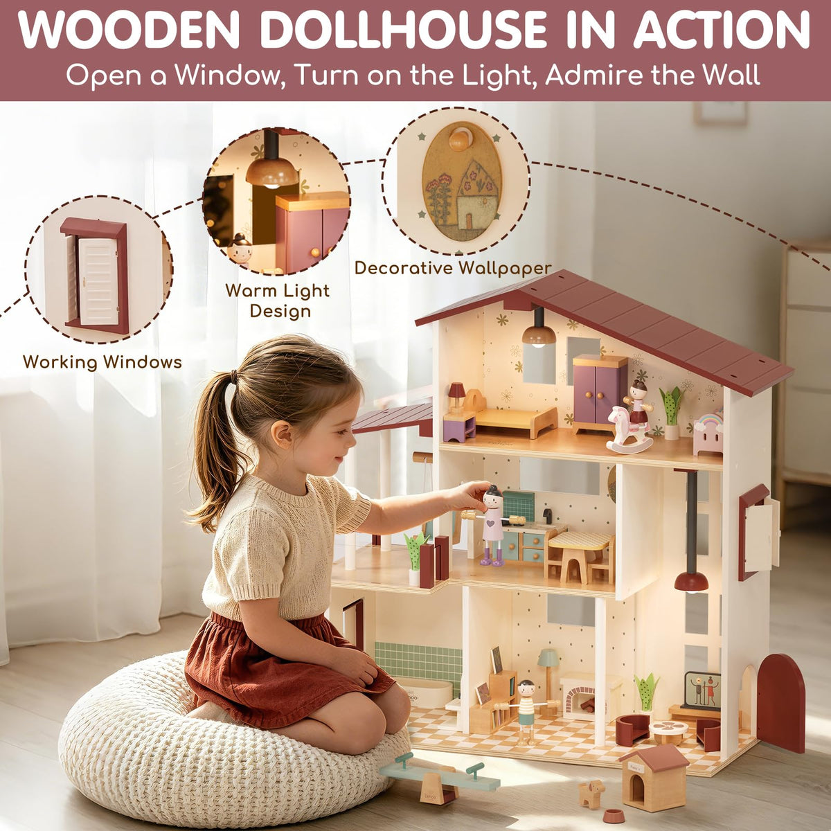 Lehoo Castle Wooden Dollhouse for Girls, Realistic Doll House with 5 Rooms & 38 Accessories, DIY Pretend Play Dream Dollhouse with Doll and Furniture, Ideal Creative Gift for Ages 3+