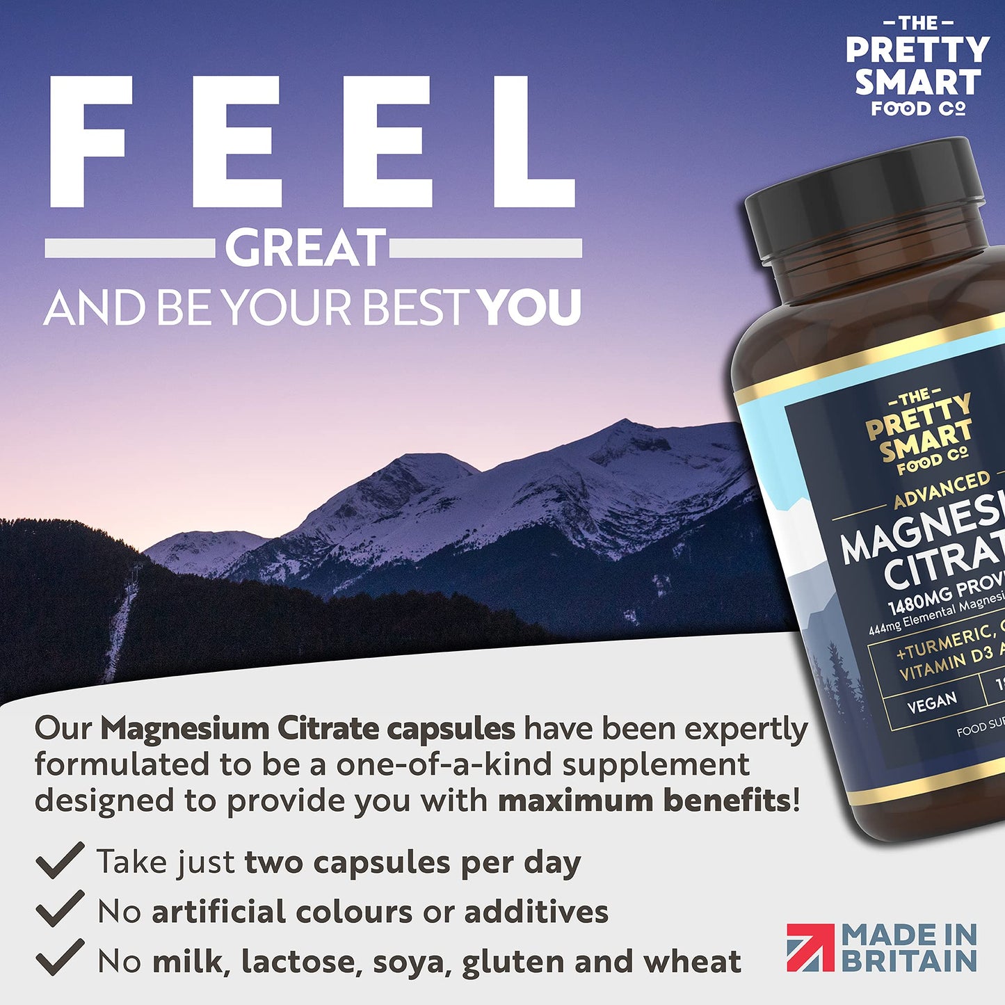 Magnesium Citrate 1480mg – 180 Vegan Magnesium Capsules not Magnesium Tablets – with Turmeric, Zinc, Vitamins D3 & B6 - High Absorption Premium Magnesium Supplements – 90 Day Supply – UK Made