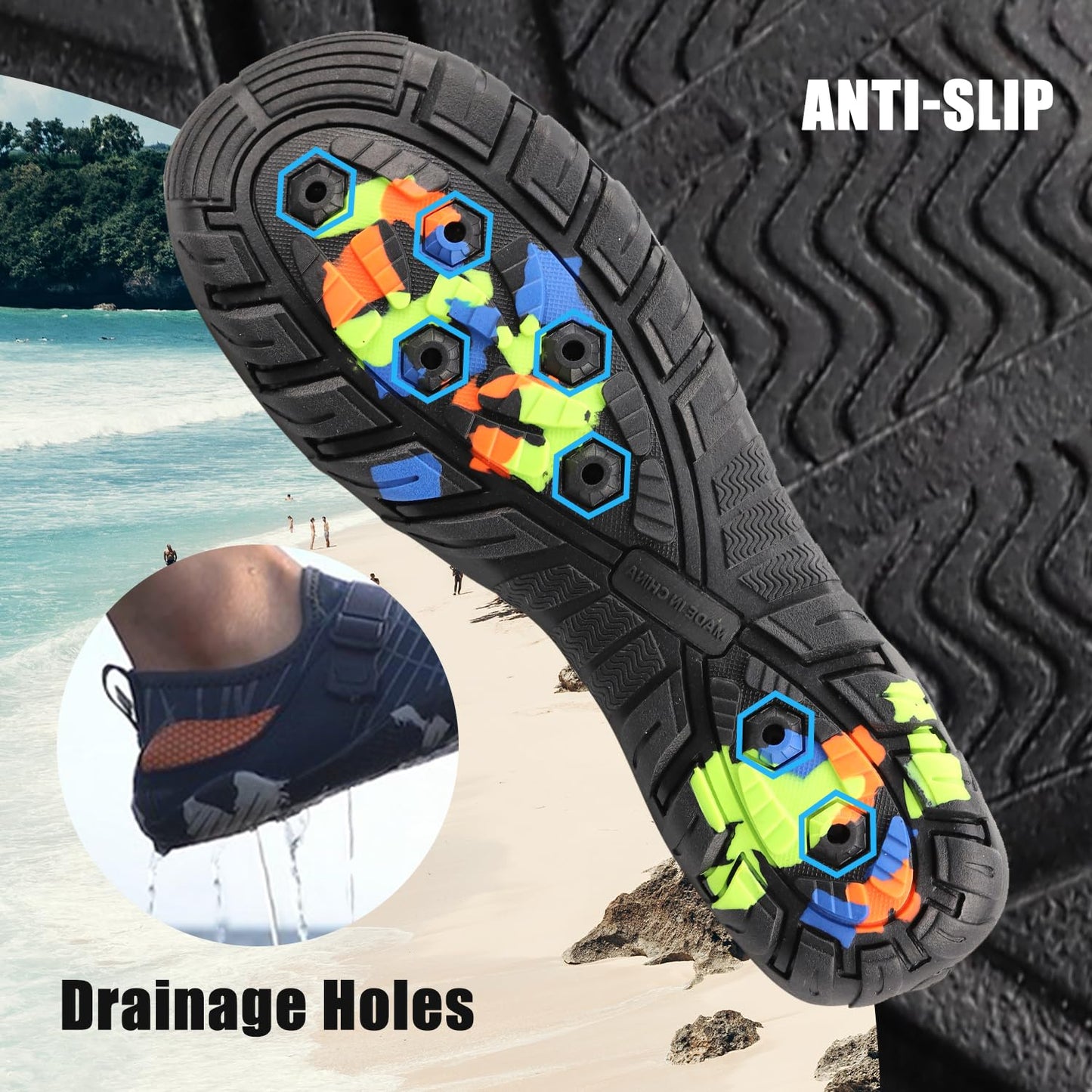 Joelynne Water Shoes for Women Men, Quick Dry Barefoot Aqua Shoes Beach Swim Sports Outdoor Hiking Diving Surf, 1 Carbon Black, 10 Women/8 Men