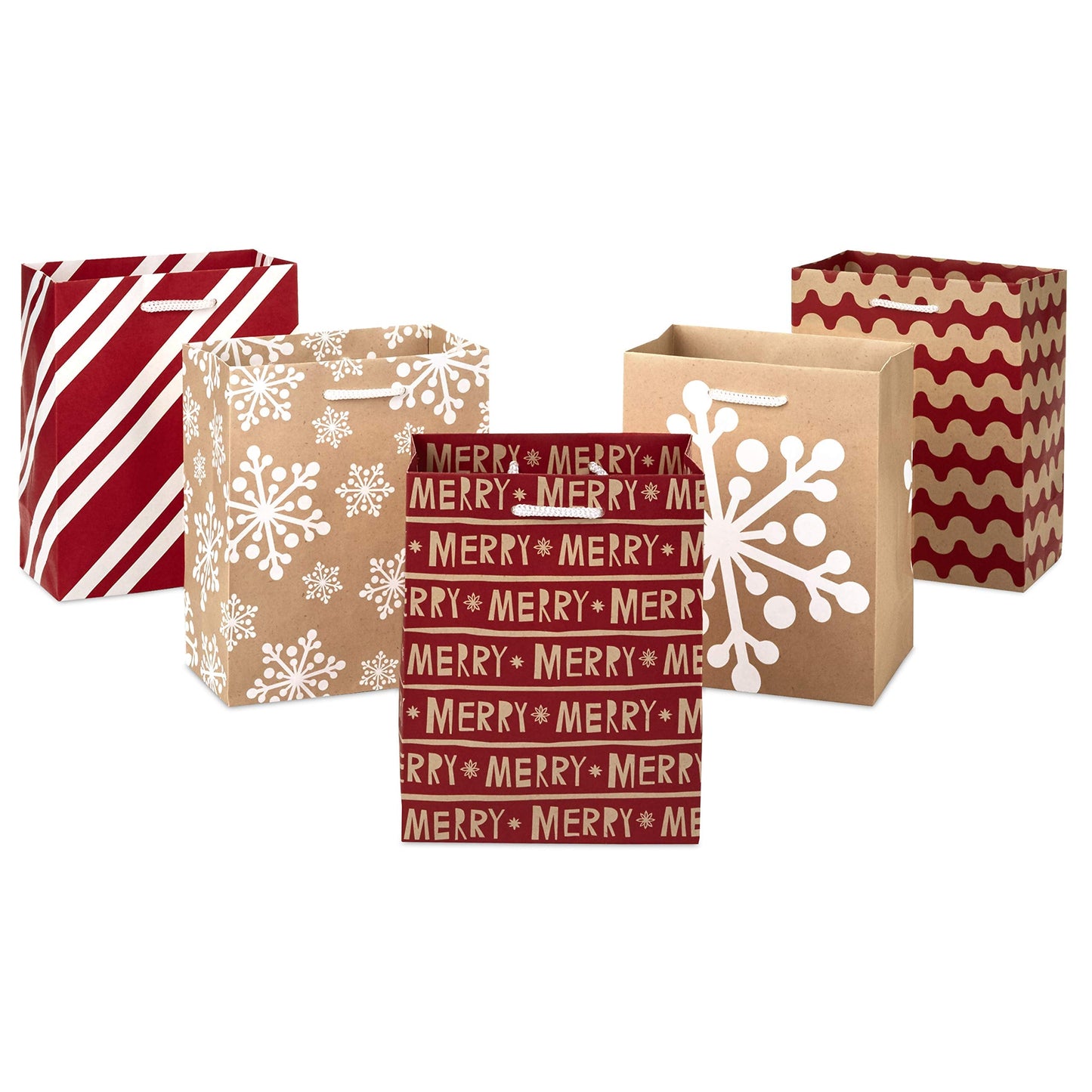 Hallmark 6" Small Holiday Gift Bag Set (Pack of 5; Red, White and Kraft) Snowflakes, Stripes, Merry (5XGB1798)